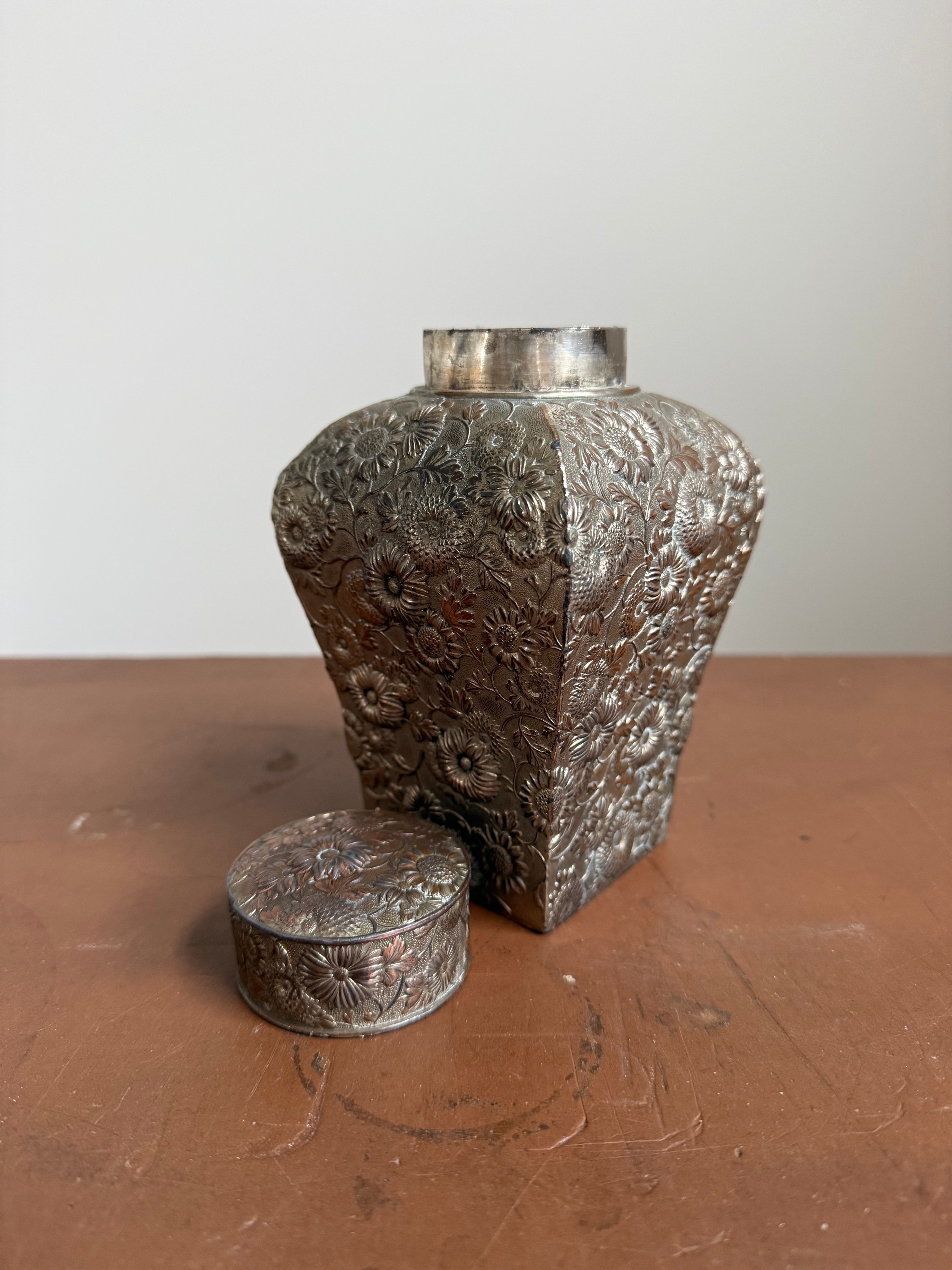 Late 19th Century White Metal ( Silver Over Copper ) Tea Caddy