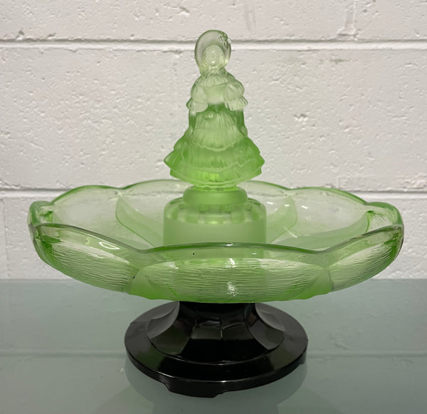 Beautiful Art Deco 4 piece green glass float Bowl with Crinoline Lady in the center. In good original condition. Please view photos as they help form part of the description.
