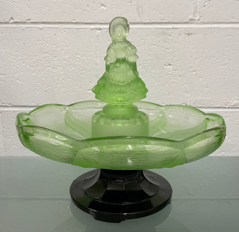 Beautiful Art Deco 4 piece green glass float Bowl with Crinoline Lady in the center. In good original condition. Please view photos as they help form part of the description.