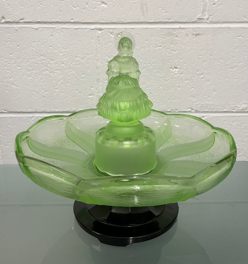 Beautiful Art Deco 4 piece green glass float Bowl with Crinoline Lady in the center. In good original condition. Please view photos as they help form part of the description.