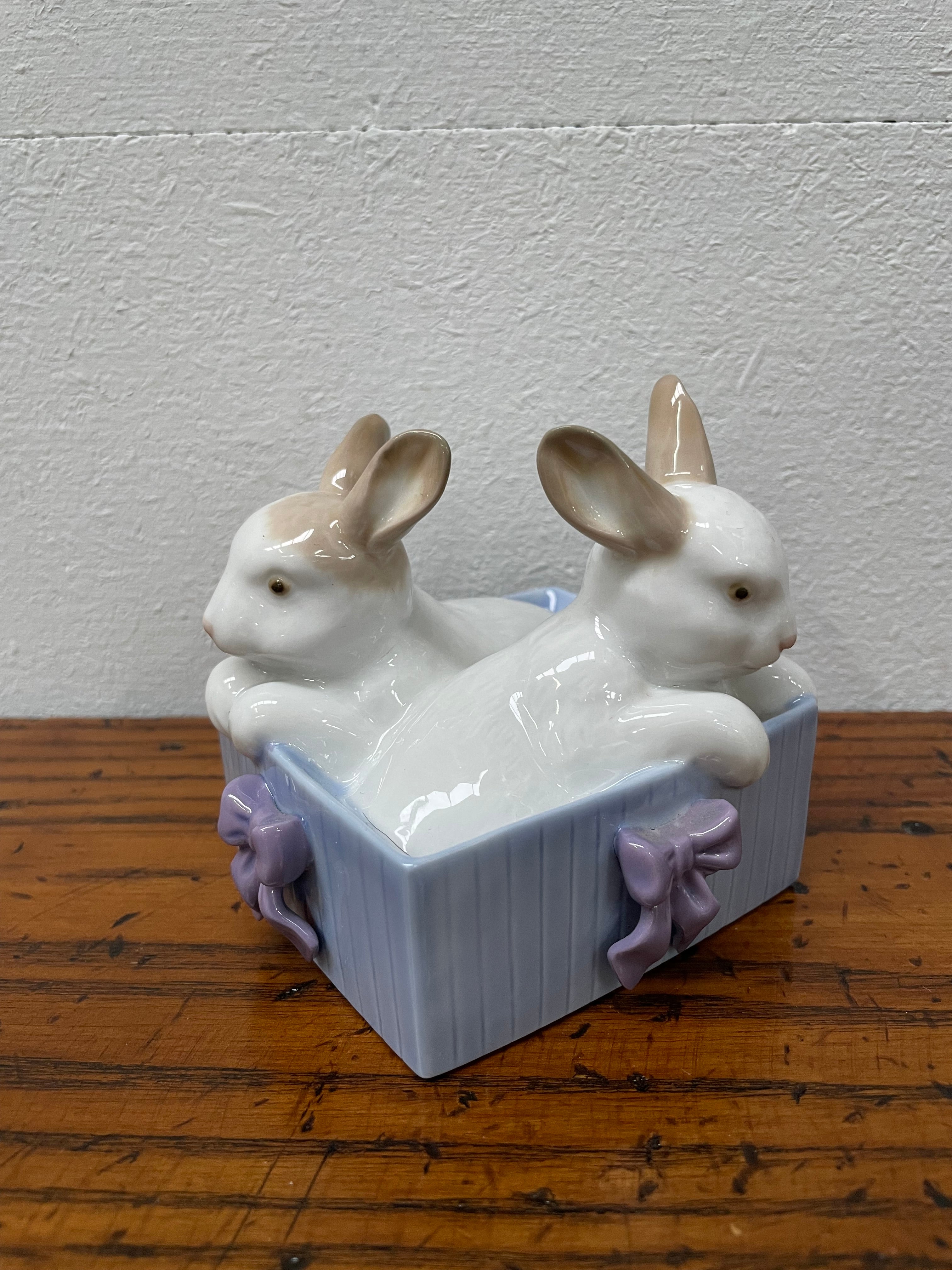 Nao By Lladro Cute Rabbits In A Box With Ribbon | Antique & Vintage | Moonee Ponds Antiques | Australia Wide Delivery