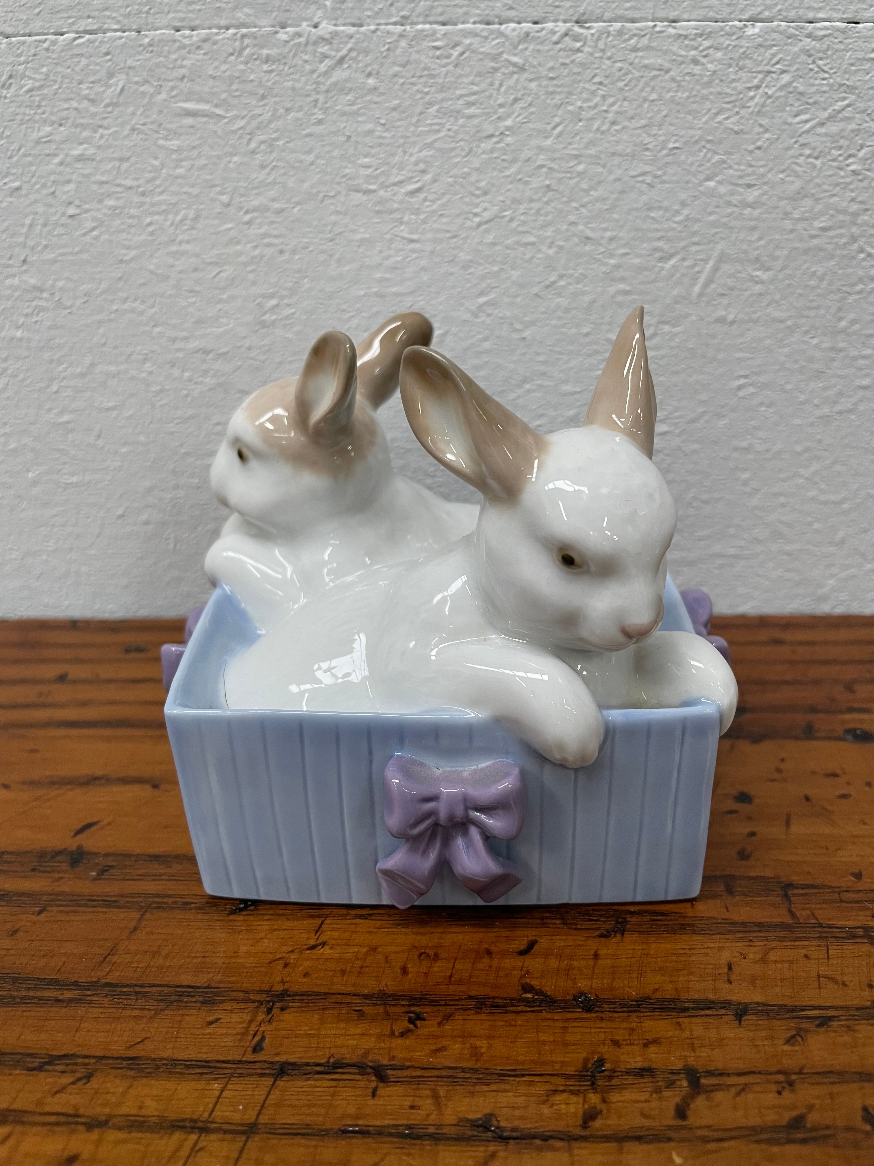 Nao By Lladro Cute Rabbits In A Box With Ribbon | Antique & Vintage | Moonee Ponds Antiques | Australia Wide Delivery