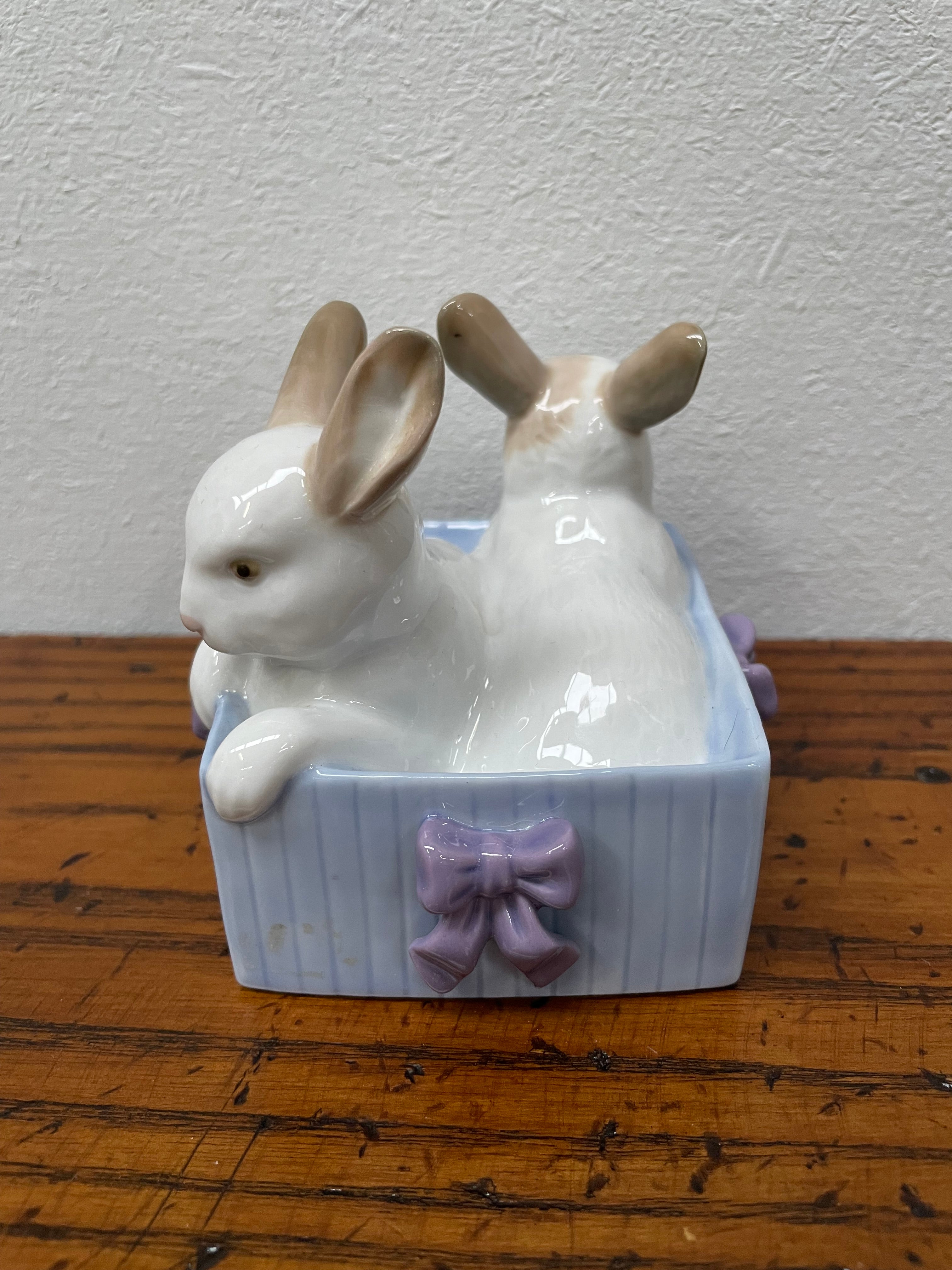 Nao By Lladro Cute Rabbits In A Box With Ribbon | Antique & Vintage | Moonee Ponds Antiques | Australia Wide Delivery