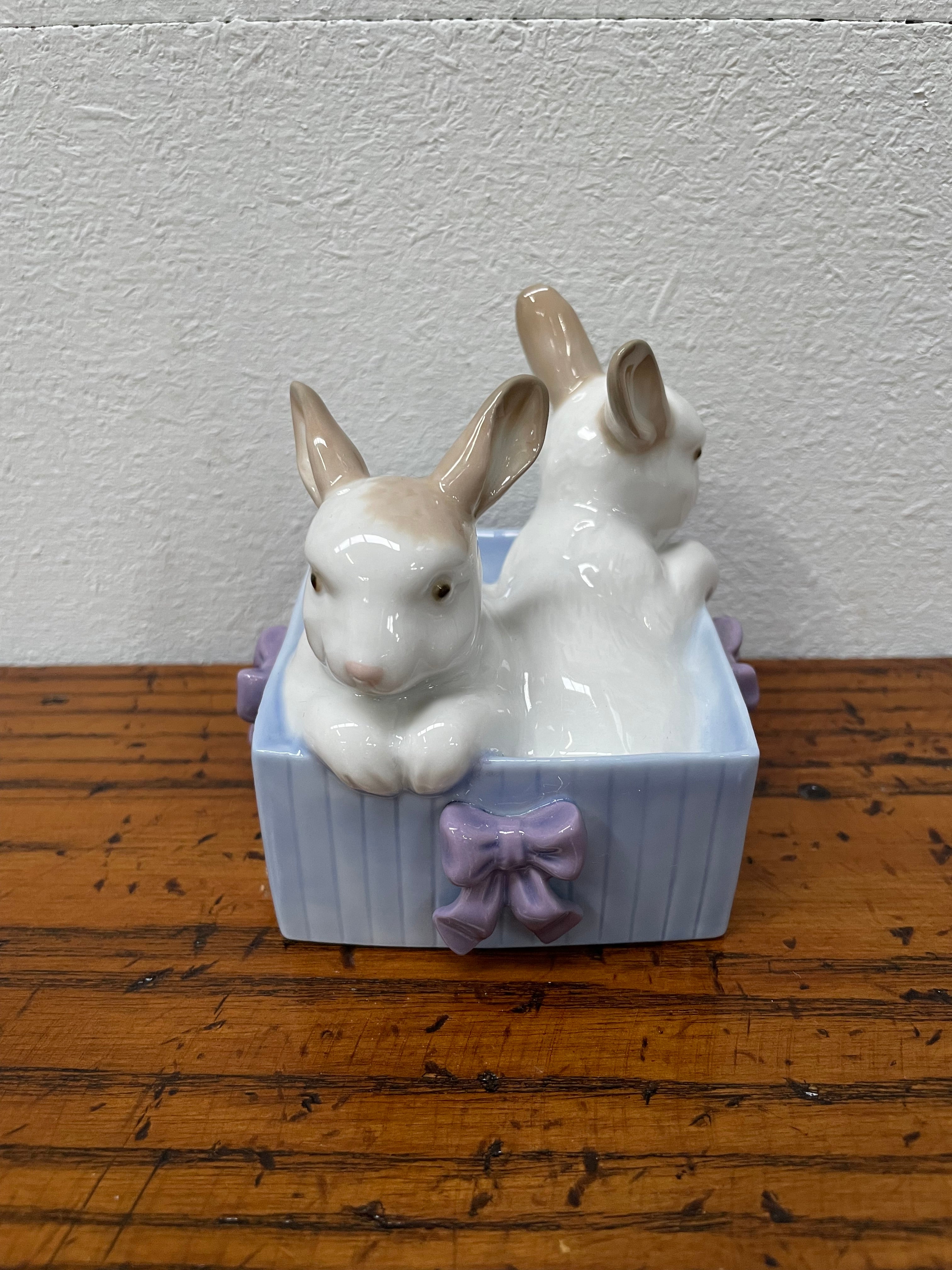 Nao By Lladro Cute Rabbits In A Box With Ribbon | Antique & Vintage | Moonee Ponds Antiques | Australia Wide Delivery