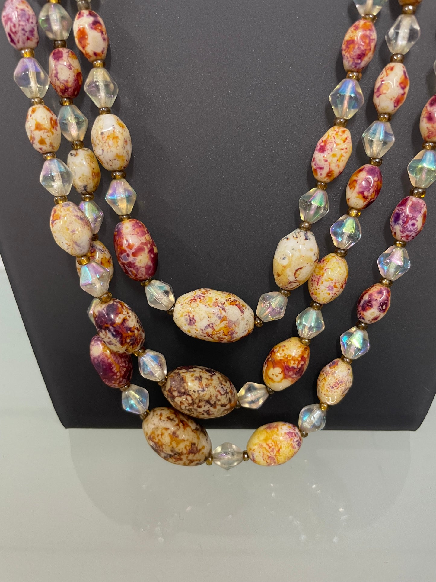 Triple String Of Borealis Crystal & Agate Bead Necklace