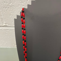 Stylish Jet Glass & Red Glass Bead Necklace Opera Length