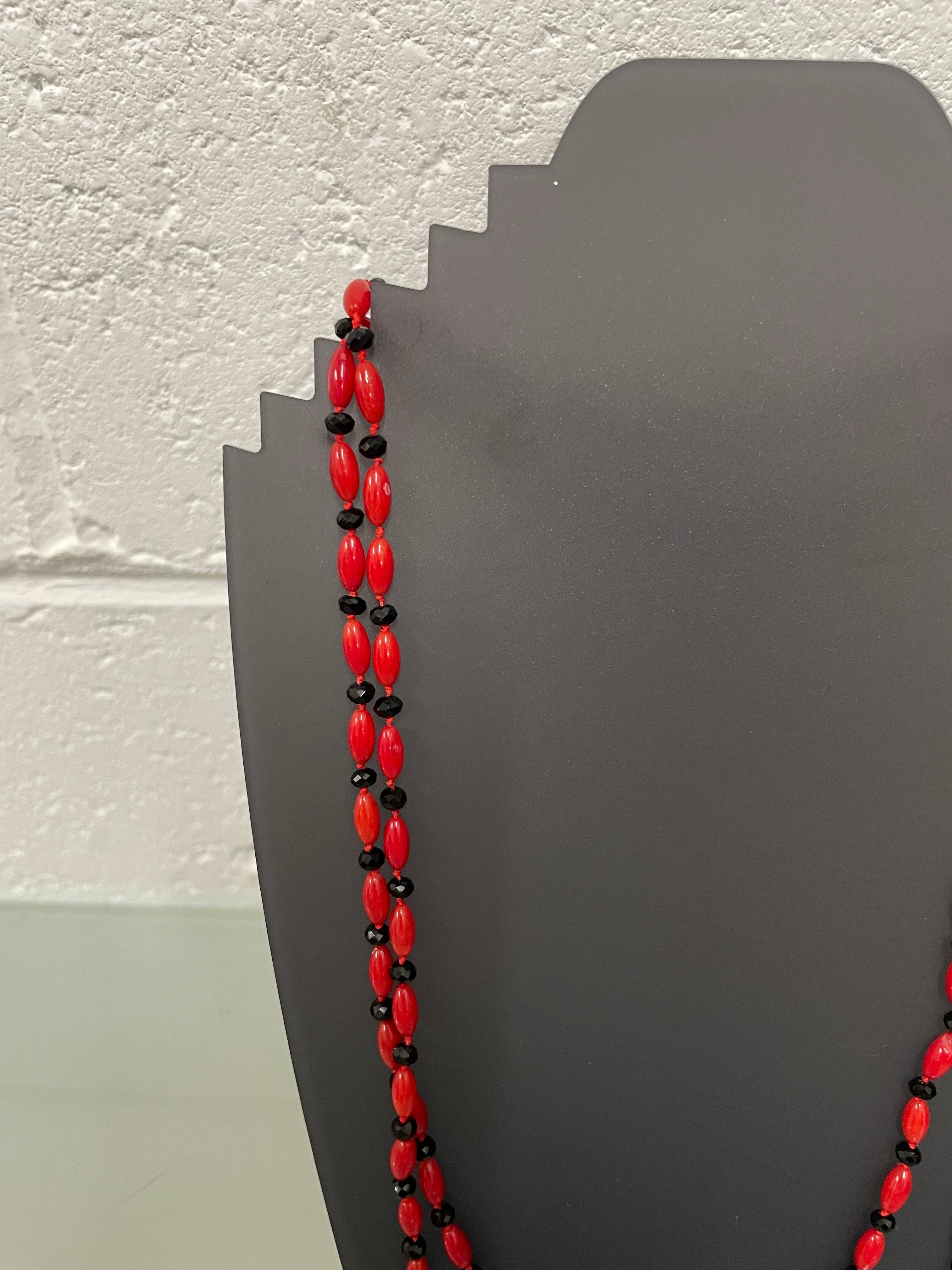 Stylish Jet Glass & Red Glass Bead Necklace Opera Length | Antique & Vintage | Moonee Ponds Antiques | Australia Wide Delivery