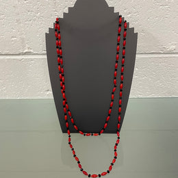 Stylish Jet Glass & Red Glass Bead Necklace Opera Length