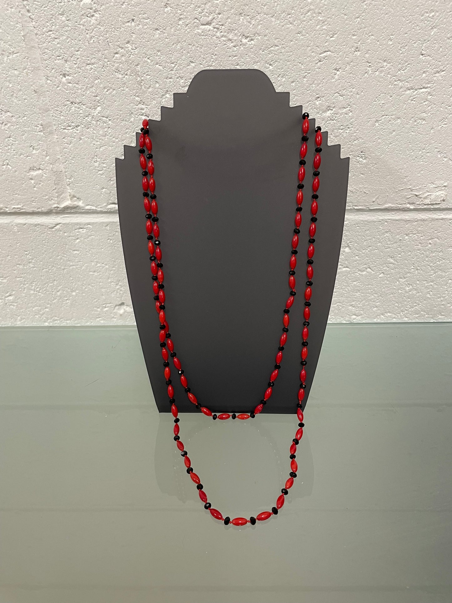 Stylish Jet Glass & Red Glass Bead Necklace Opera Length