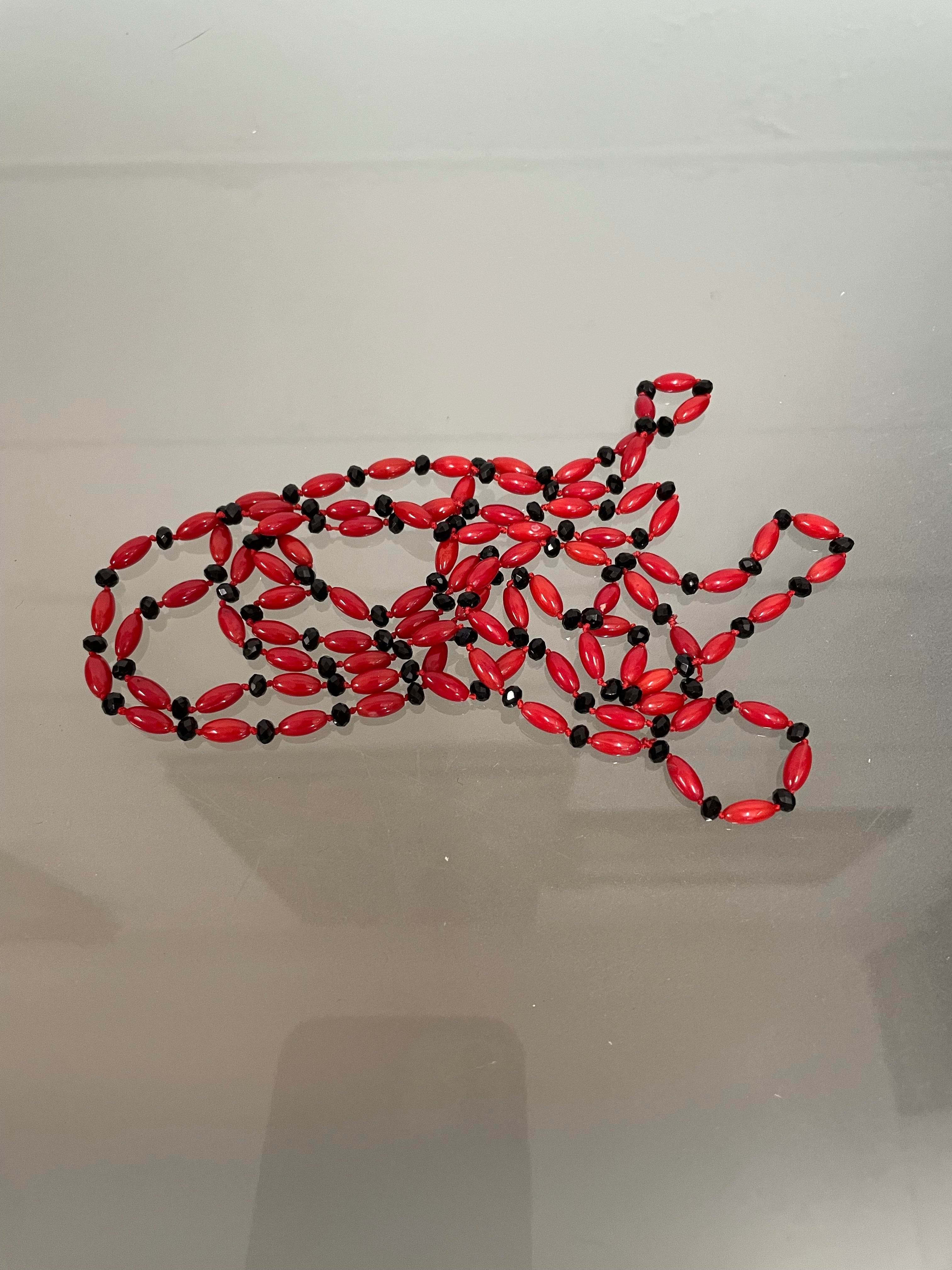 Stylish Jet Glass & Red Glass Bead Necklace Opera Length | Antique & Vintage | Moonee Ponds Antiques | Australia Wide Delivery