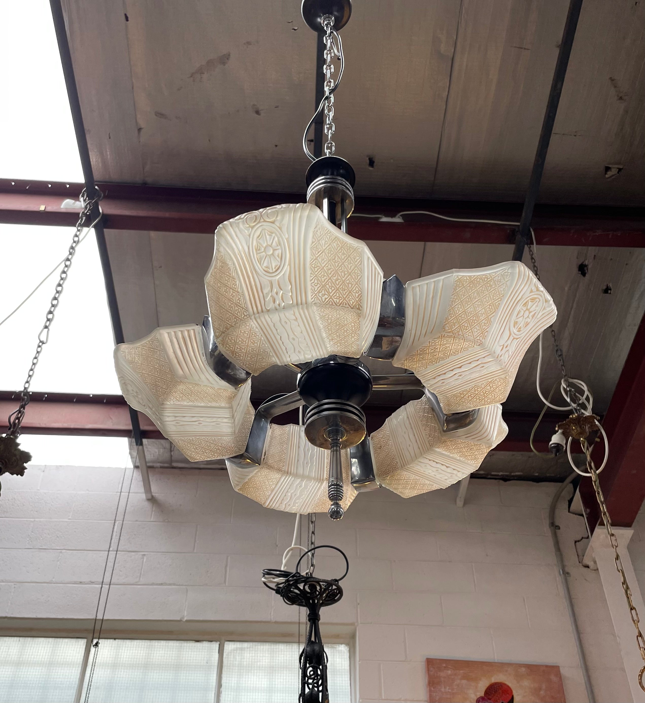 Art Deco Machine Age Streamlined Skyscraper Style Etch Glass Chandelier | Antique & Vintage | Moonee Ponds Antiques | Australia Wide Delivery