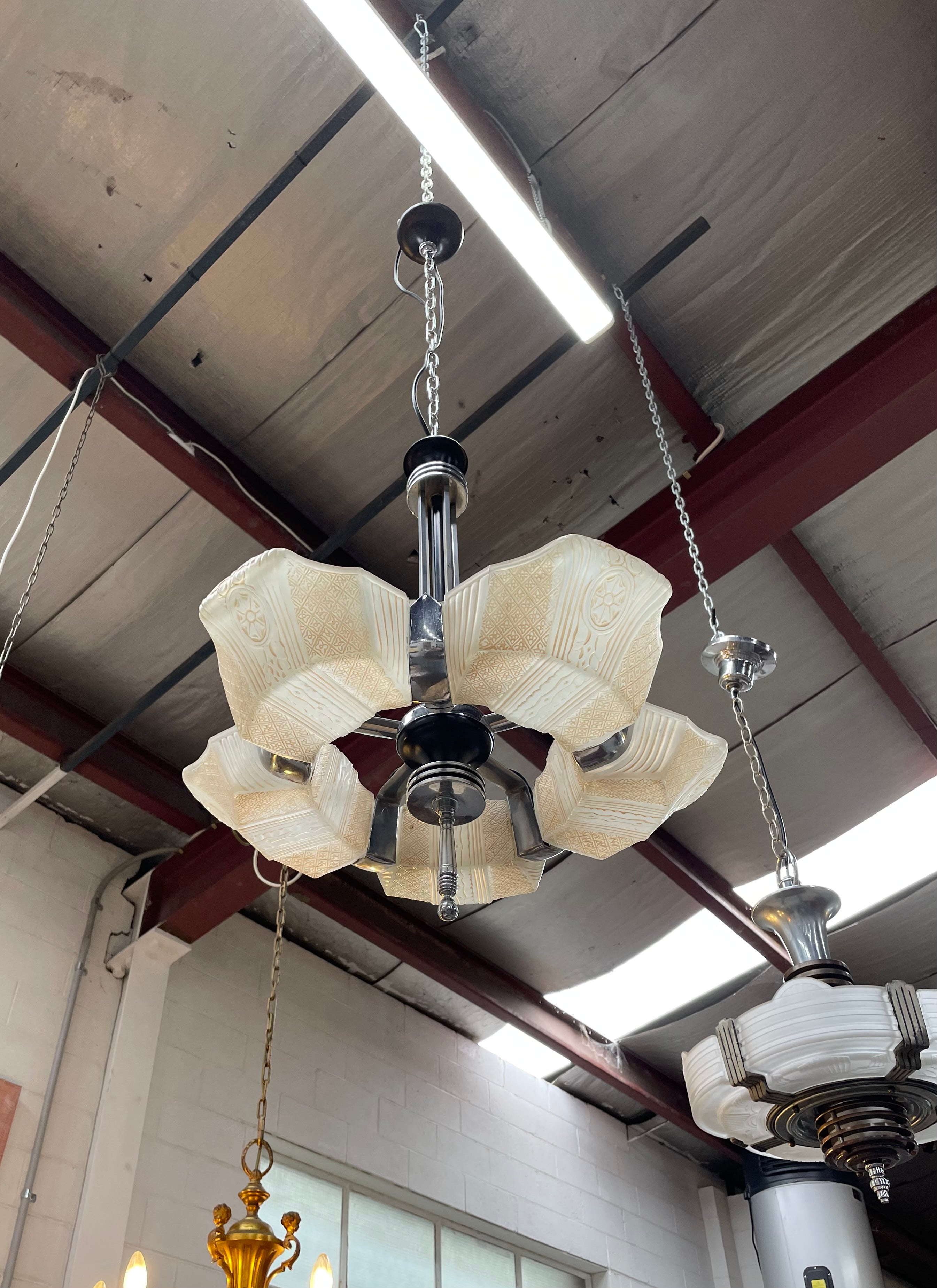 Art Deco Machine Age Streamlined Skyscraper Style Etch Glass Chandelier | Antique & Vintage | Moonee Ponds Antiques | Australia Wide Delivery