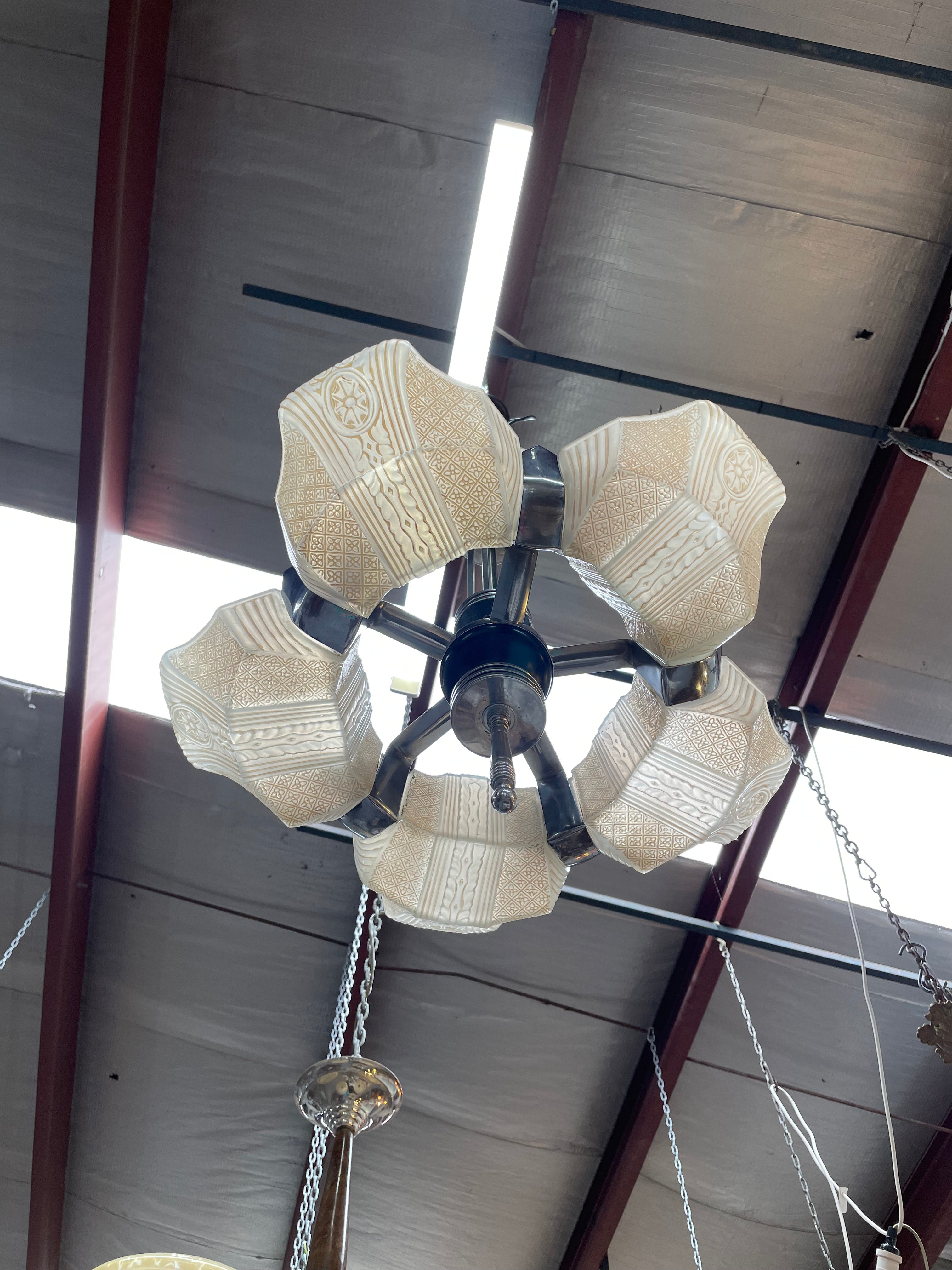 Art Deco Machine Age Streamlined Skyscraper Style Etch Glass Chandelier | Antique & Vintage | Moonee Ponds Antiques | Australia Wide Delivery
