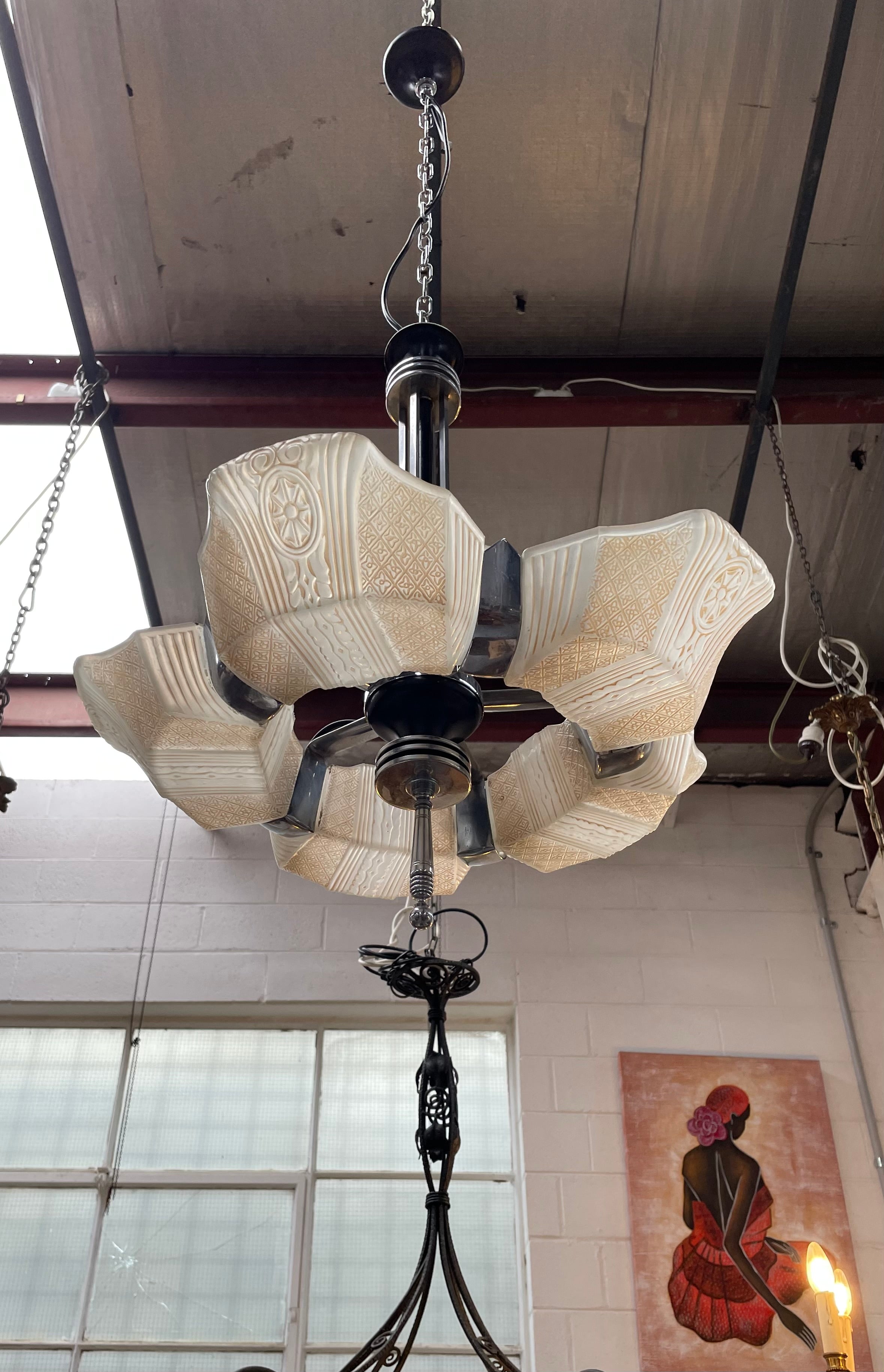 Art Deco Machine Age Streamlined Skyscraper Style Etch Glass Chandelier | Antique & Vintage | Moonee Ponds Antiques | Australia Wide Delivery