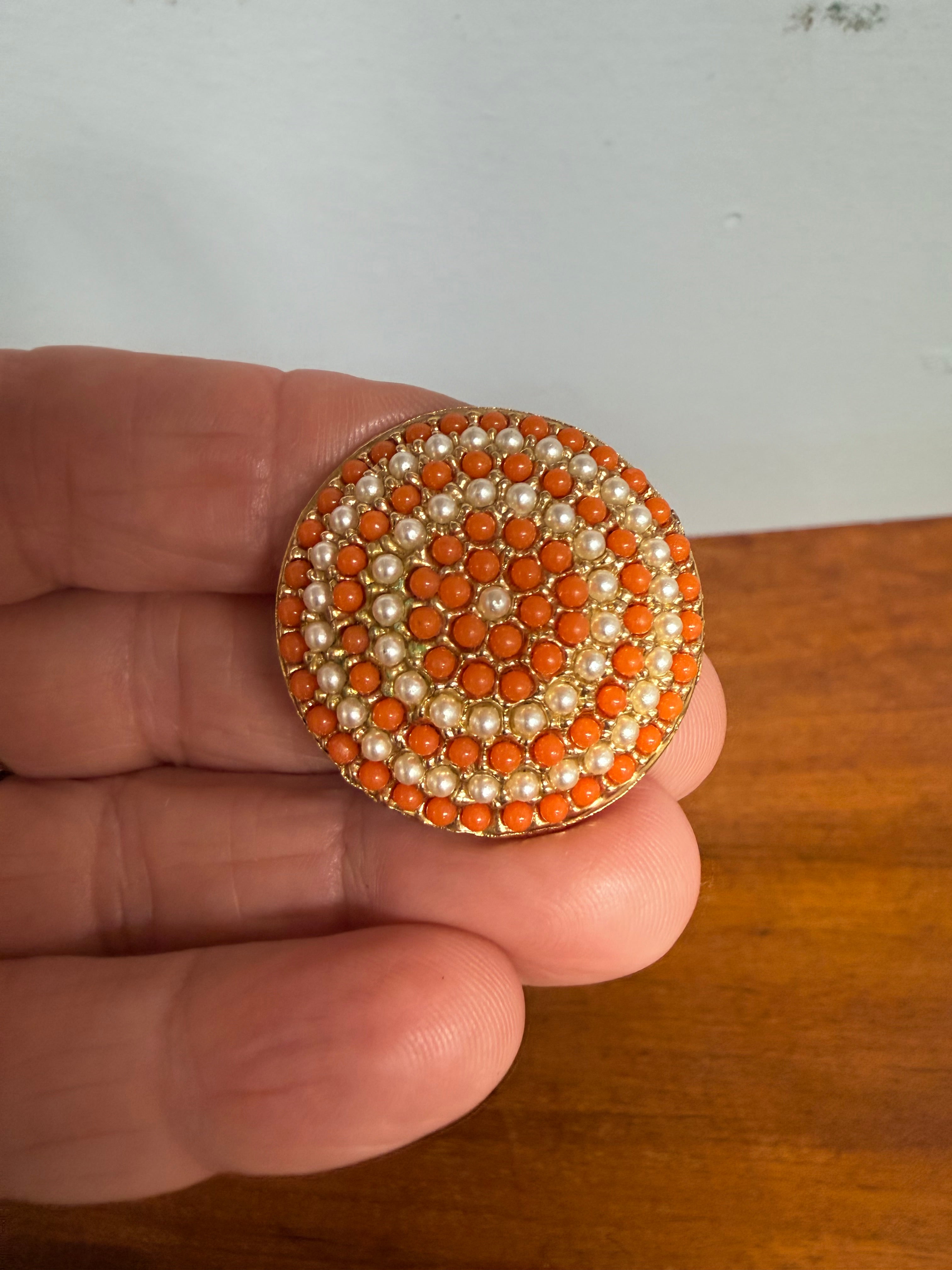 Vintage Coral & Pearl Brooch Signed to Back