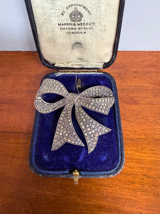Vintage Marcasite & Silver Large Bow Brooch
