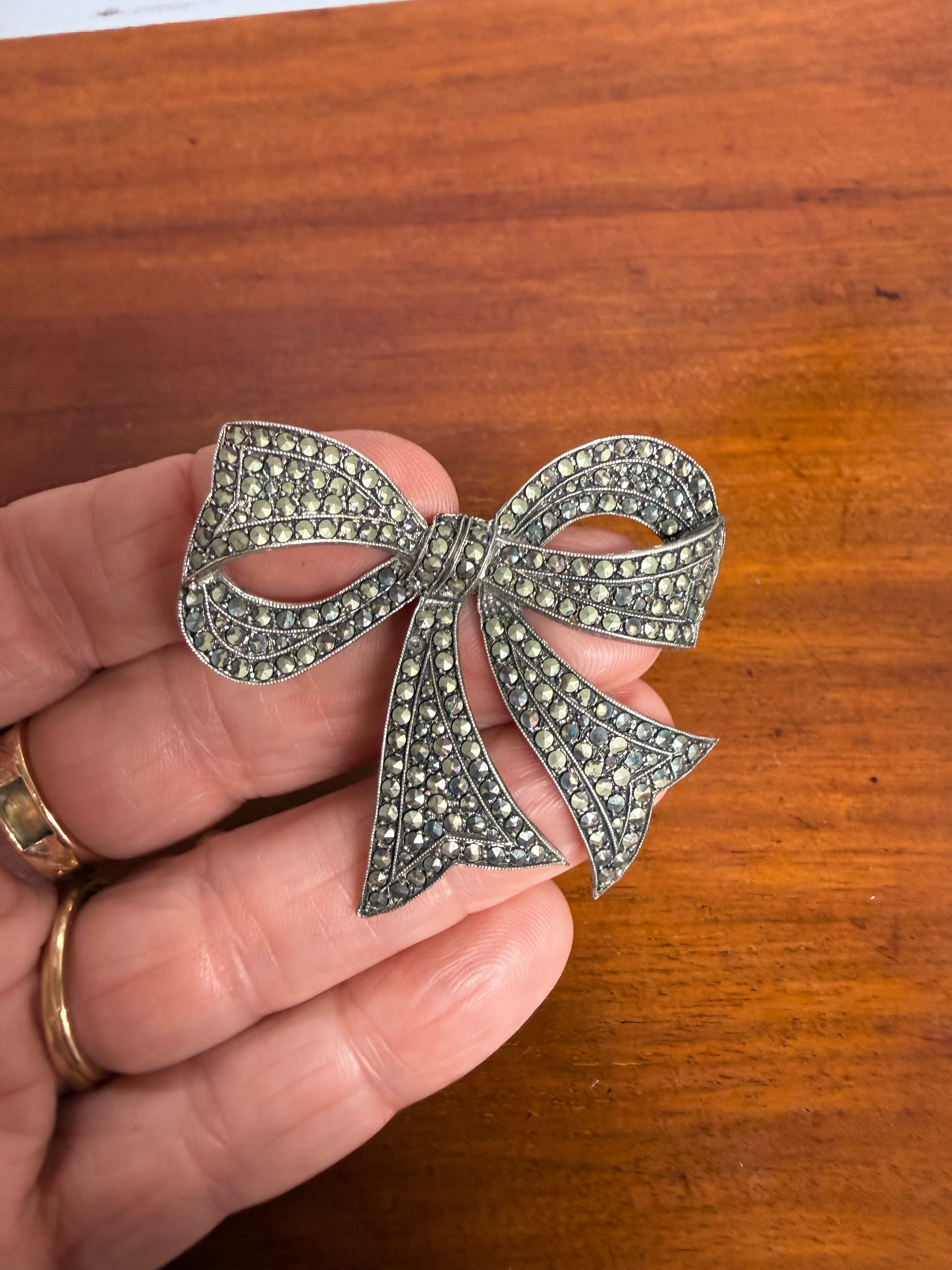 Vintage Marcasite & Silver Large Bow Brooch