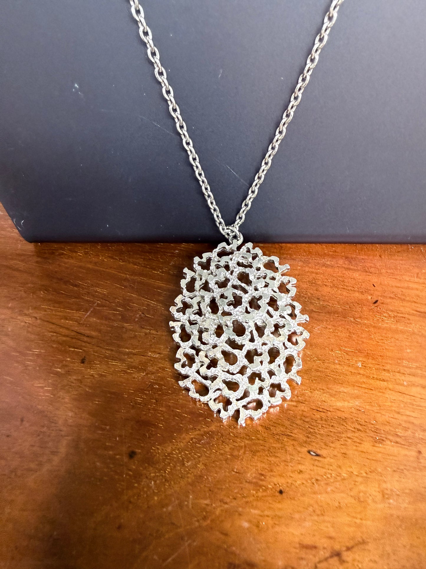 Interesting Vintage Silver Tone Brutalist Pendant & Chain