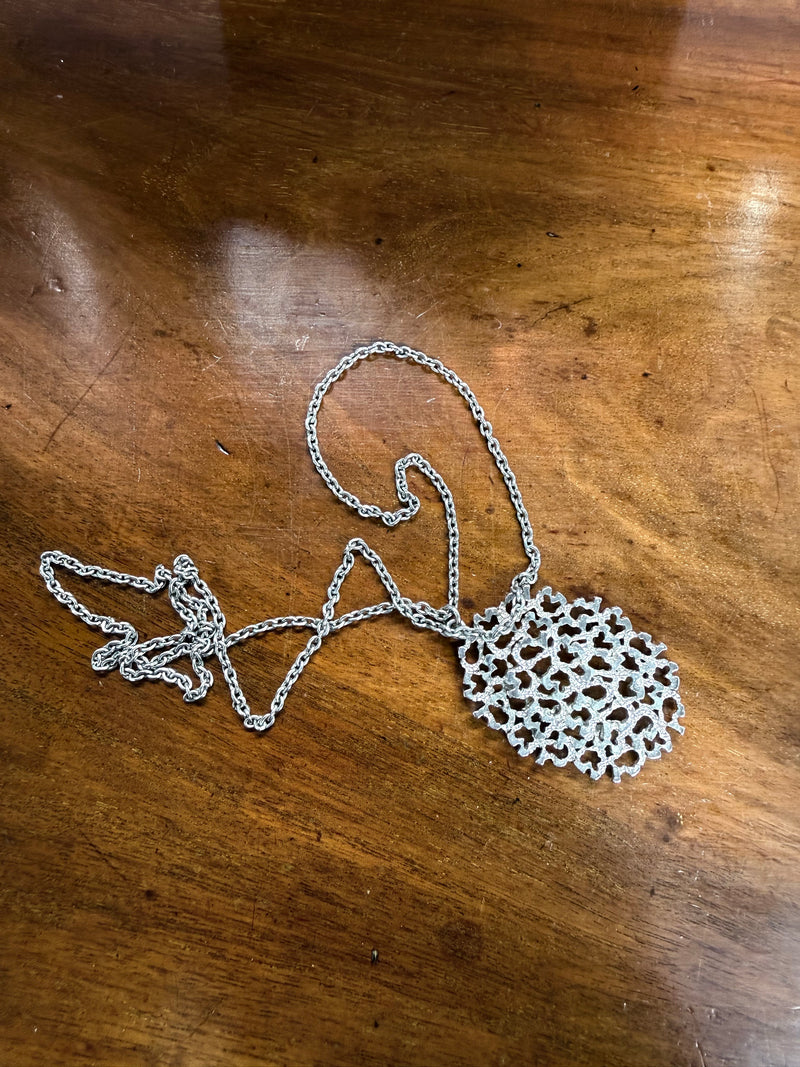 Interesting Vintage Silver Tone Brutalist Pendant & Chain