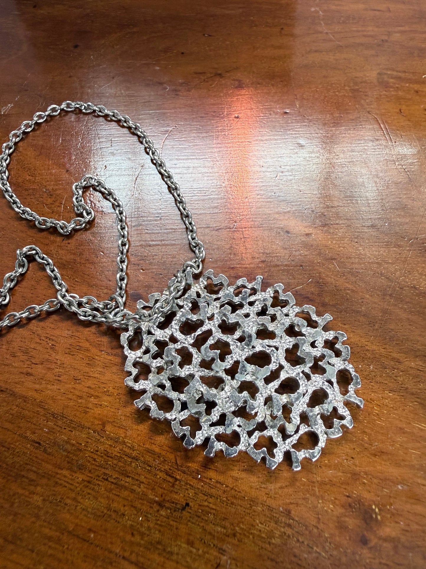 Interesting Vintage Silver Tone Brutalist Pendant & Chain