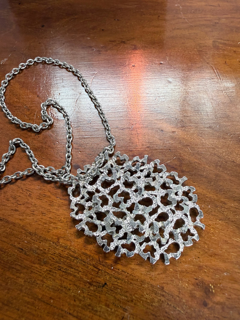 Interesting Vintage Silver Tone Brutalist Pendant & Chain
