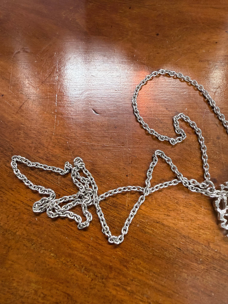 Interesting Vintage Silver Tone Brutalist Pendant & Chain