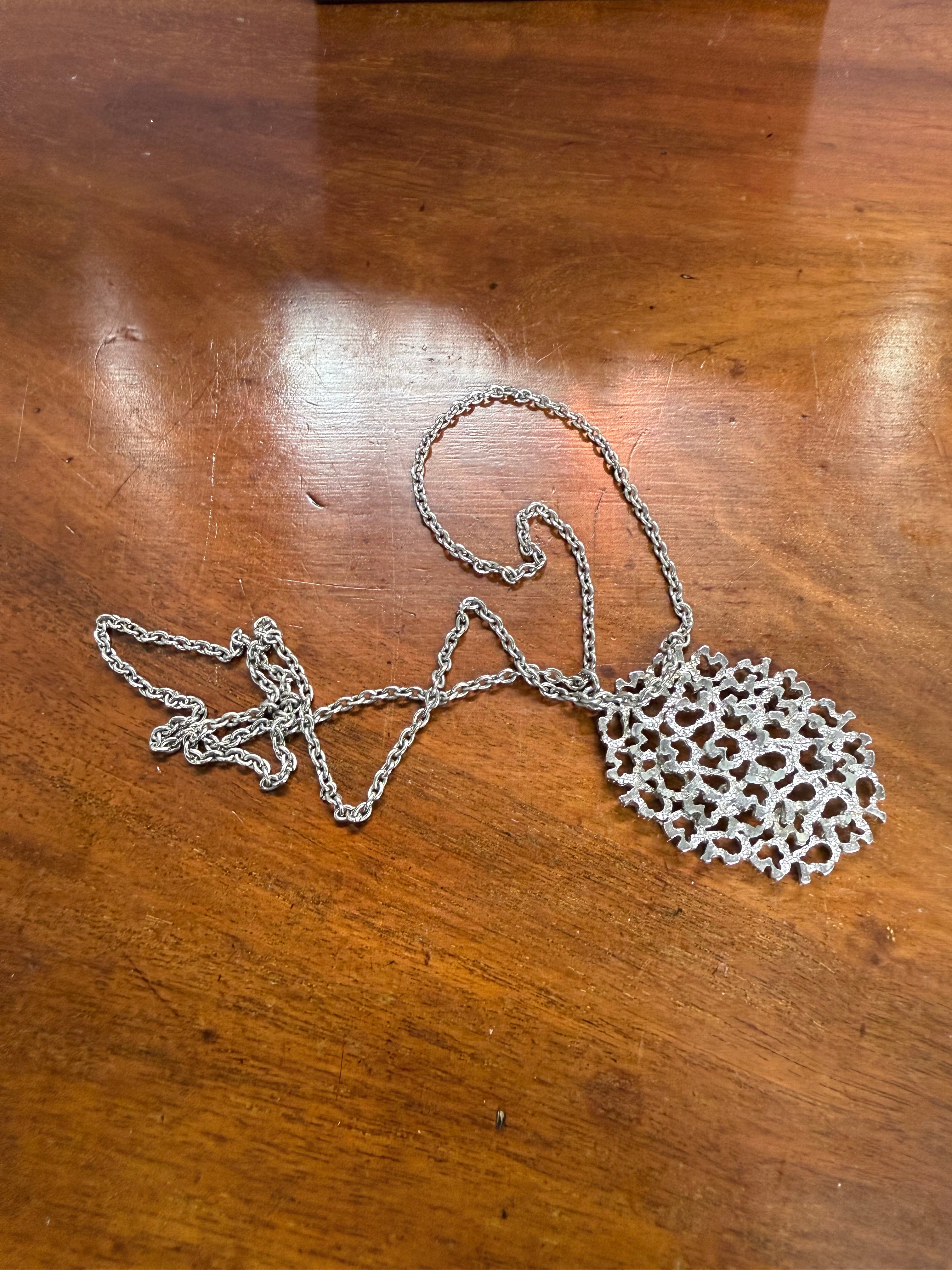 Interesting Vintage Silver Tone Brutalist Pendant & Chain