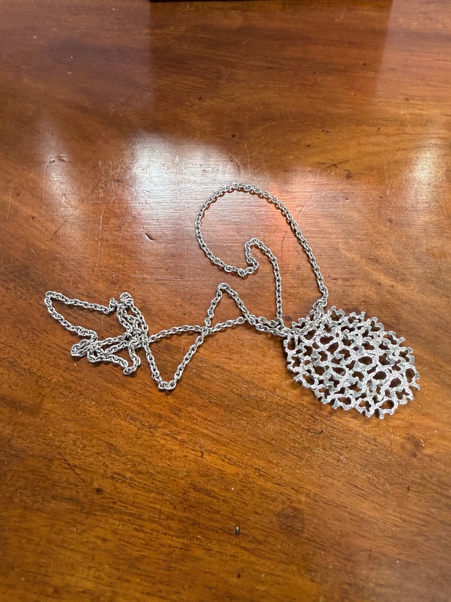 Interesting Vintage Silver Tone Brutalist Pendant & Chain