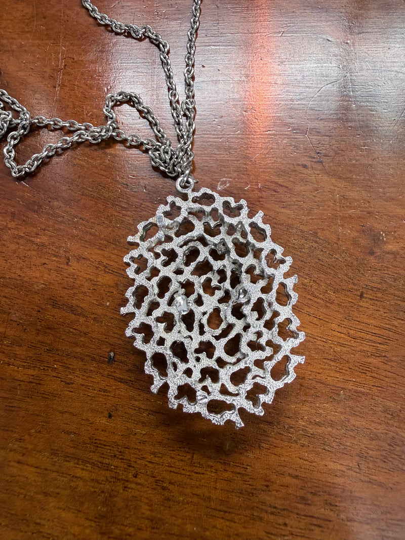 Interesting Vintage Silver Tone Brutalist Pendant & Chain