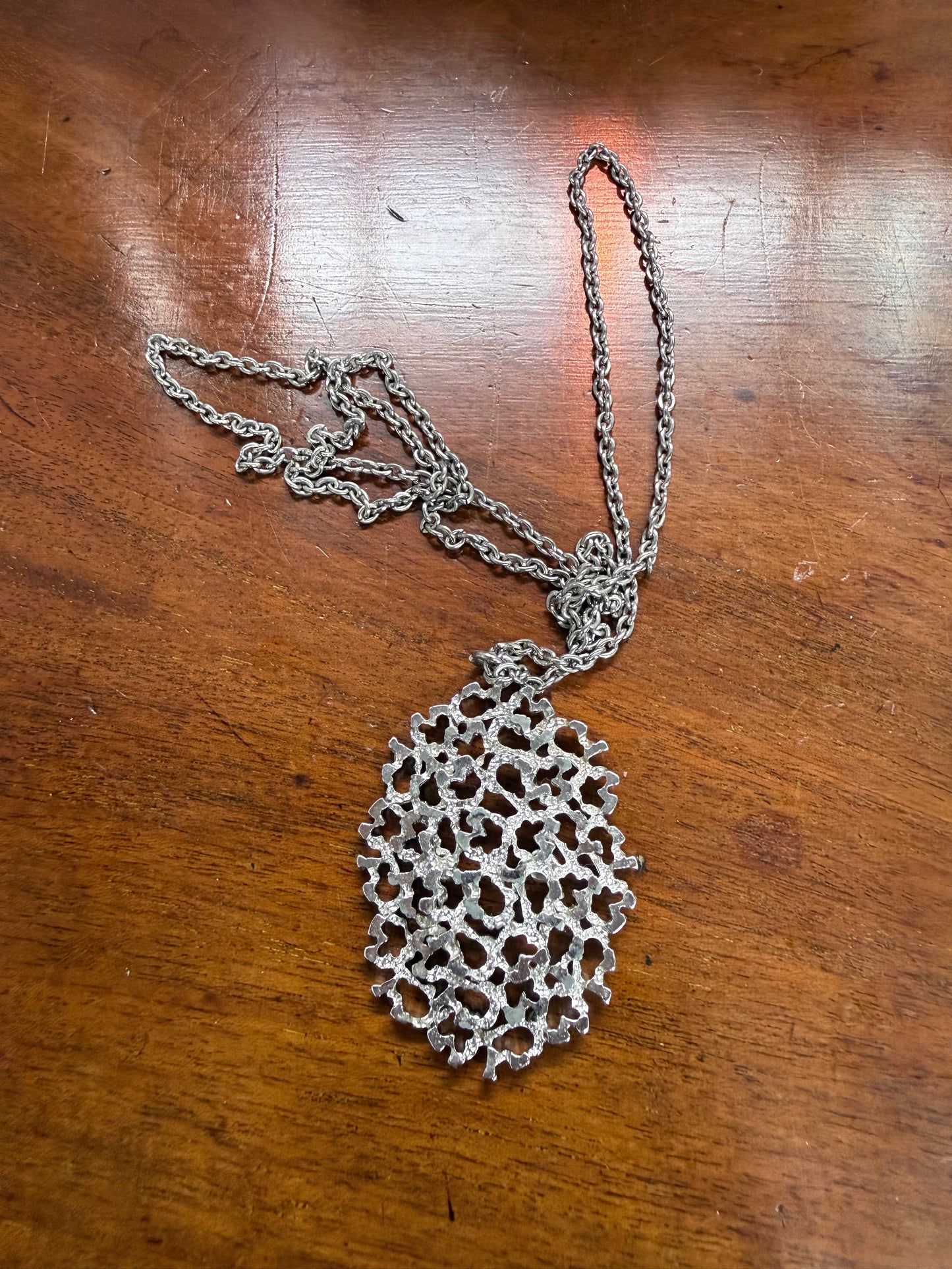 Interesting Vintage Silver Tone Brutalist Pendant & Chain