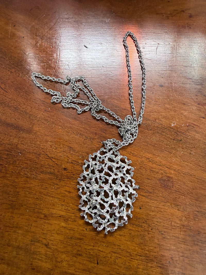 Interesting Vintage Silver Tone Brutalist Pendant & Chain