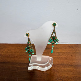 Pair Of Gold Tone Filigree & Czech Glass Art Deco Earrings