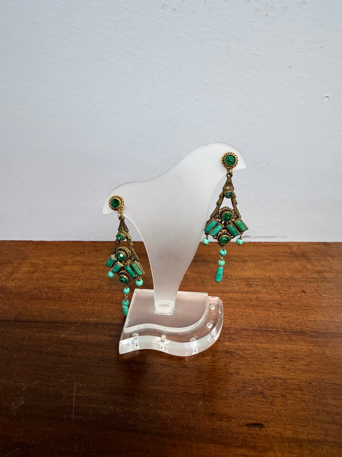 Pair Of Gold Tone Filigree & Czech Glass Art Deco Earrings
