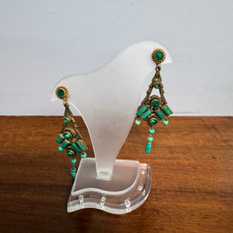 Pair Of Gold Tone Filigree & Czech Glass Art Deco Earrings