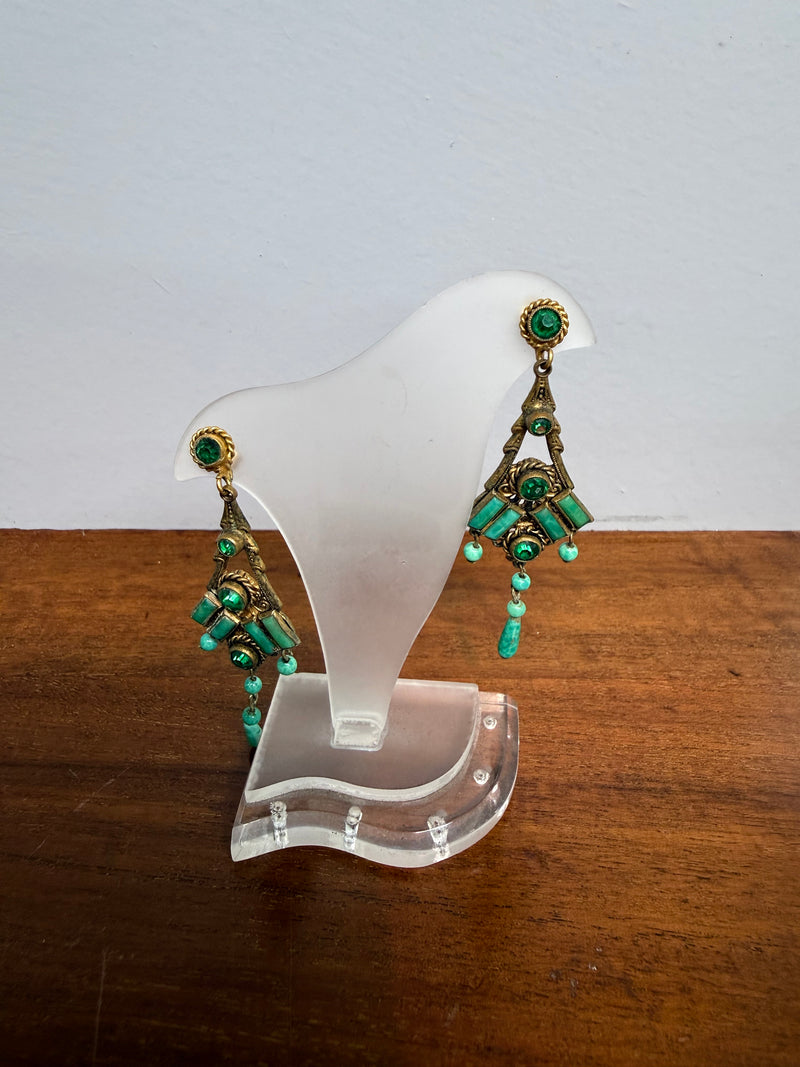 Pair Of Gold Tone Filigree & Czech Glass Art Deco Earrings