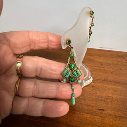 Pair Of Gold Tone Filigree & Czech Glass Art Deco Earrings