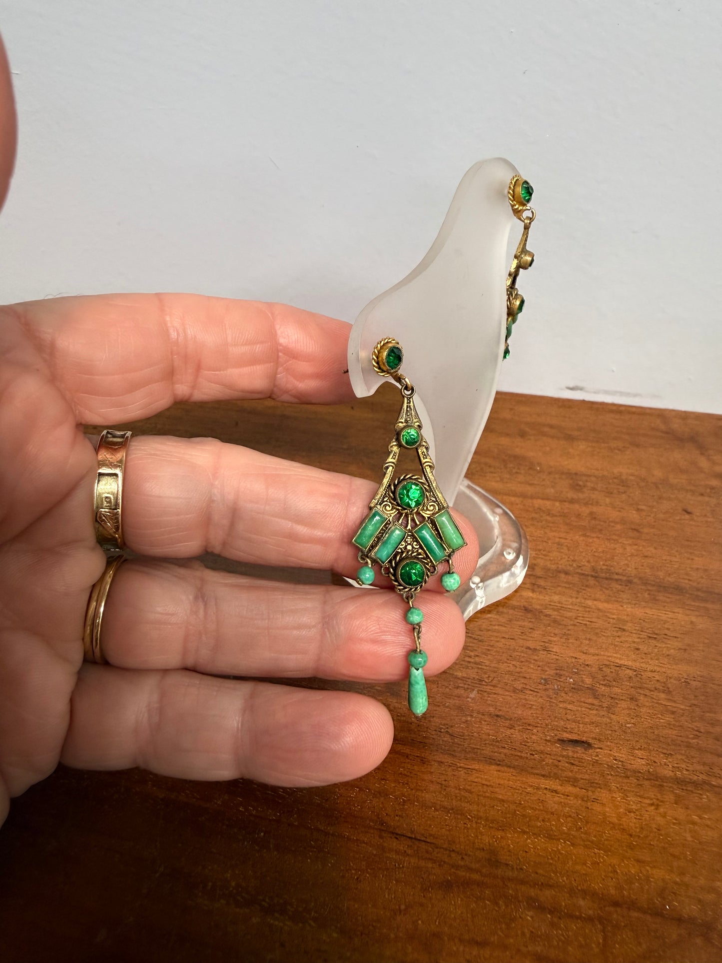 Pair Of Gold Tone Filigree & Czech Glass Art Deco Earrings