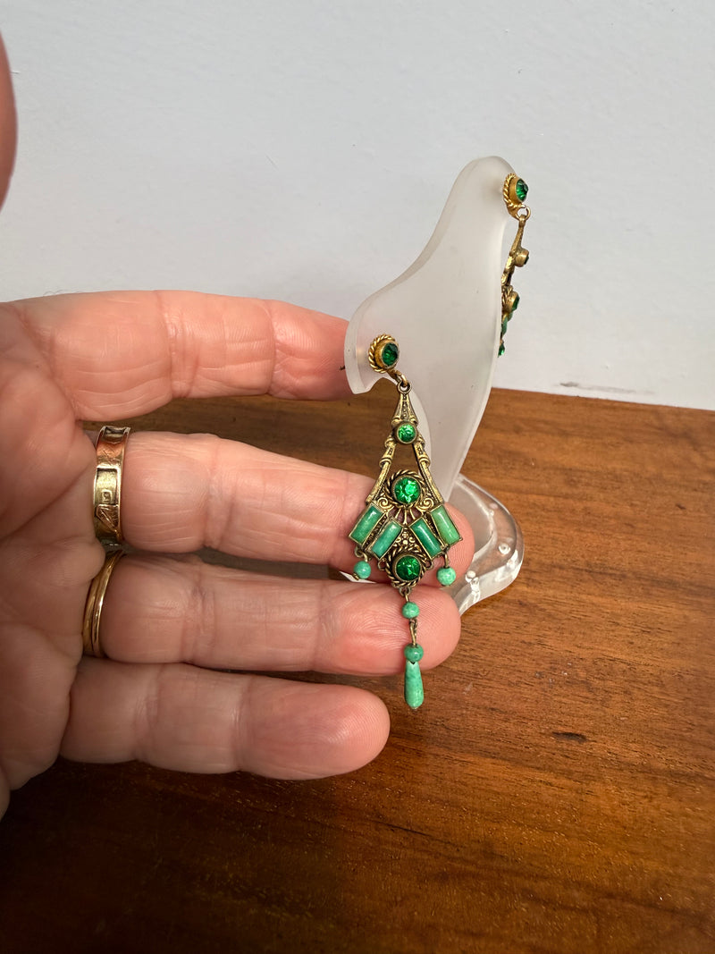 Pair Of Gold Tone Filigree & Czech Glass Art Deco Earrings