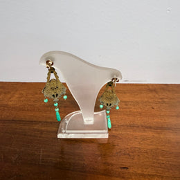 Pair Of Gold Tone Filigree & Czech Glass Art Deco Earrings