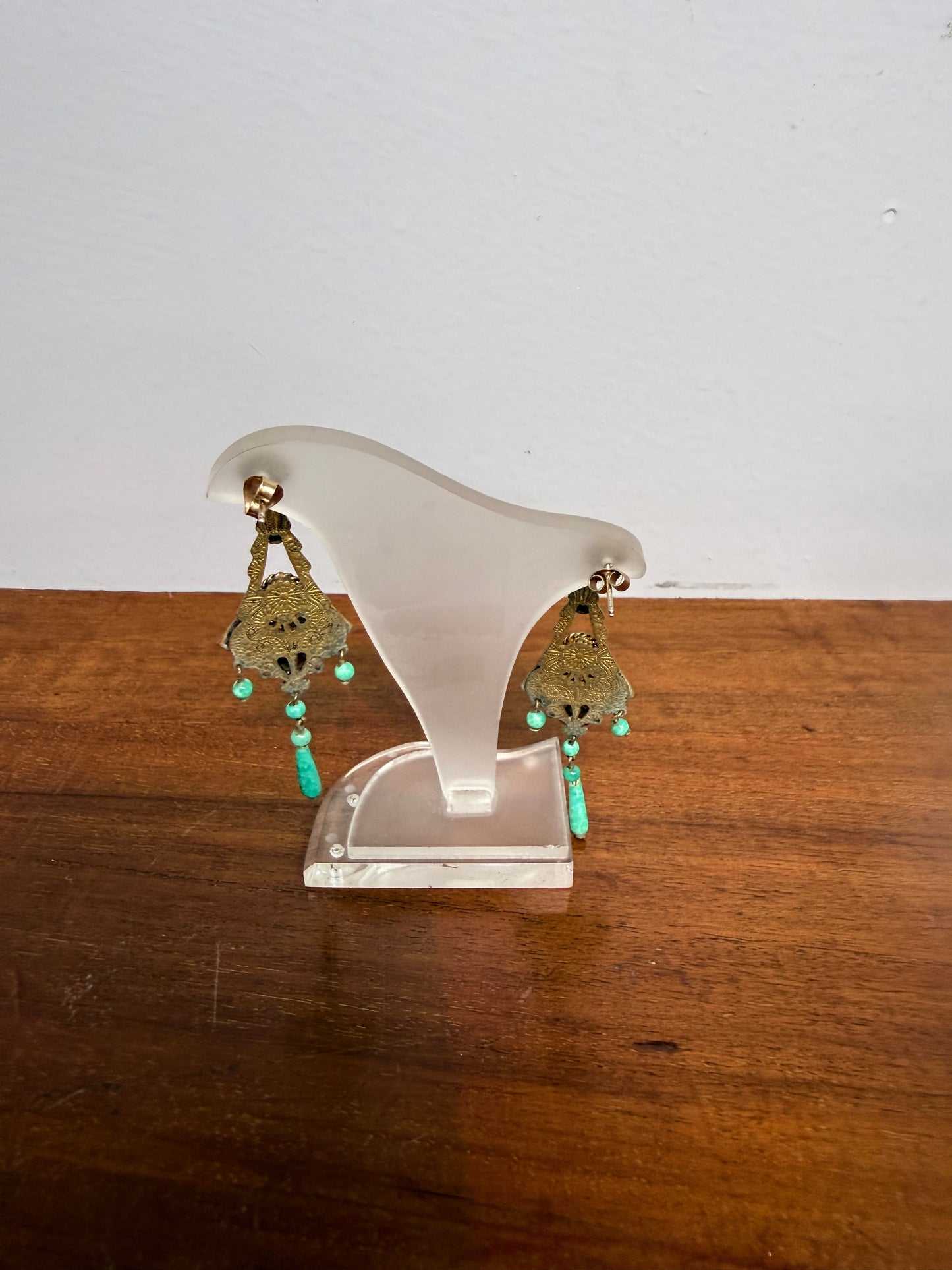 Pair Of Gold Tone Filigree & Czech Glass Art Deco Earrings