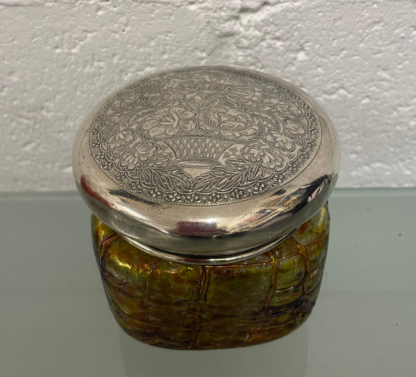 Victorian Tiffany Style Dressing Table Jar with Silver Plated Lid & Glass Base