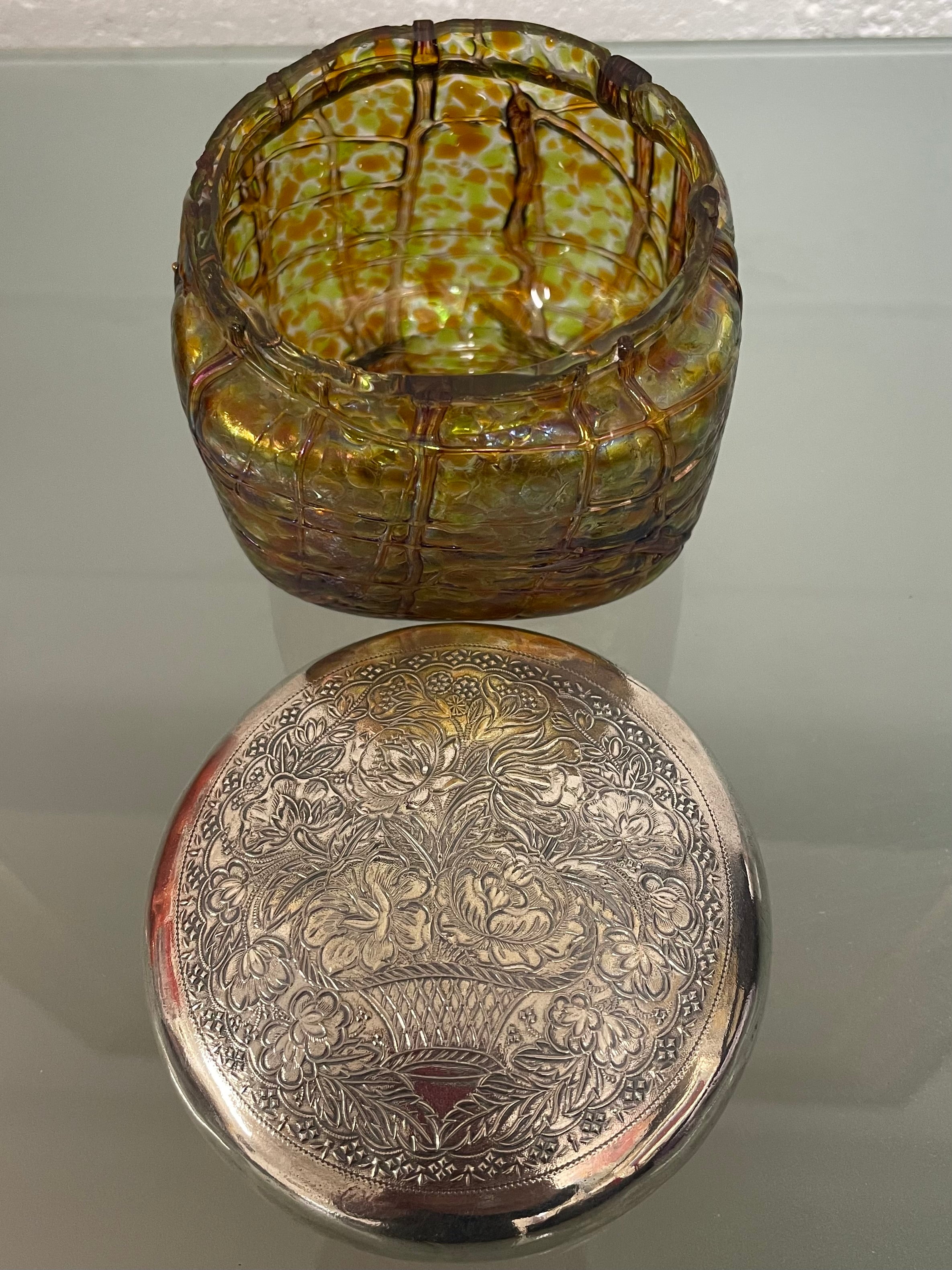 Victorian Tiffany Style Dressing Table Jar with Silver Plated Lid & Glass Base | Antique & Vintage | Moonee Ponds Antiques | Australia Wide Delivery