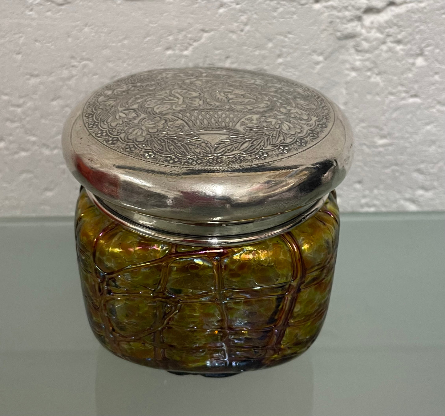 Victorian Tiffany Style Dressing Table Jar with Silver Plated Lid & Glass Base