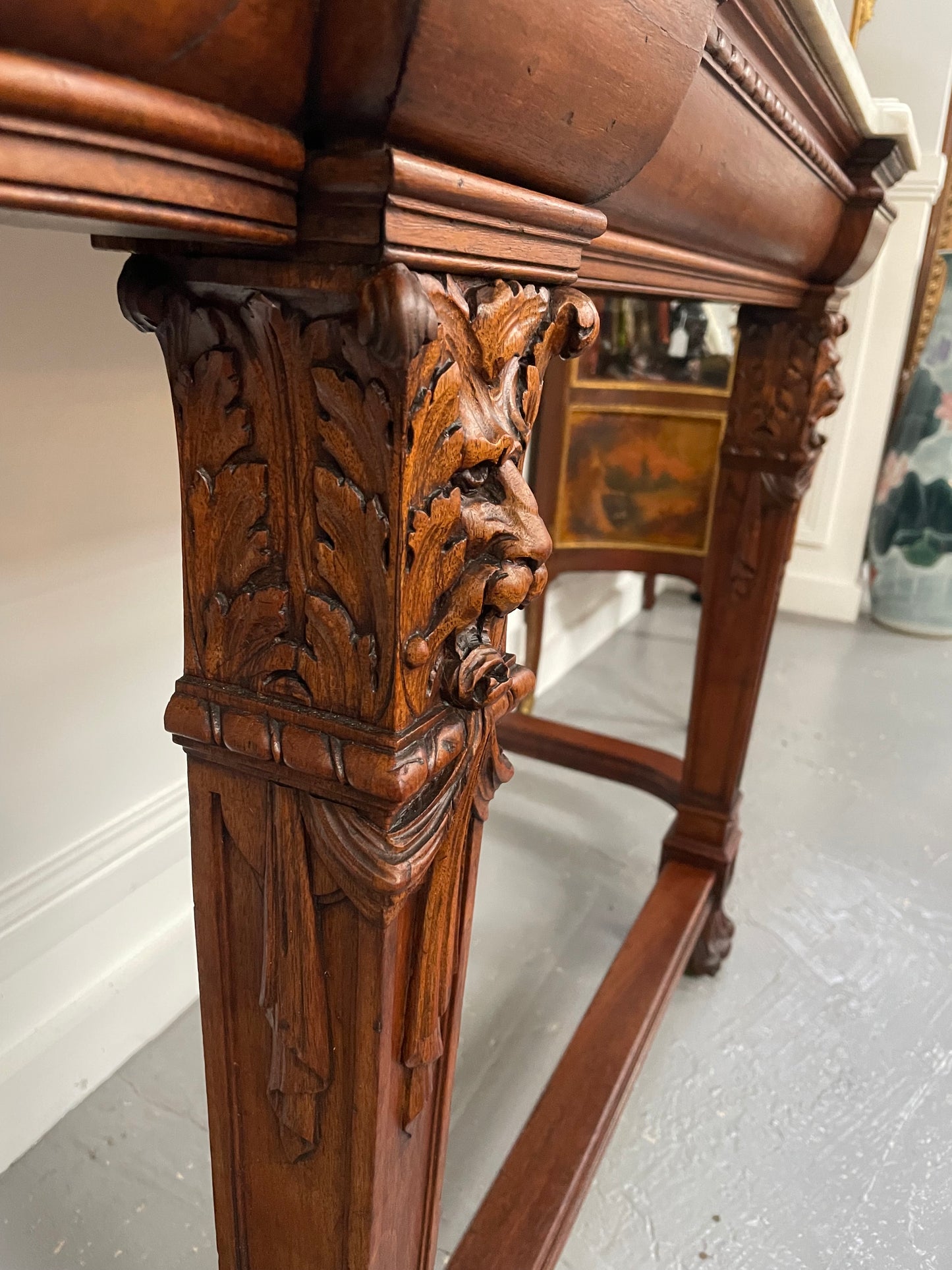 Fabulous French Henry II marble top console table with carved details. It is in good original condition. Please see the photos as they form part of the description.