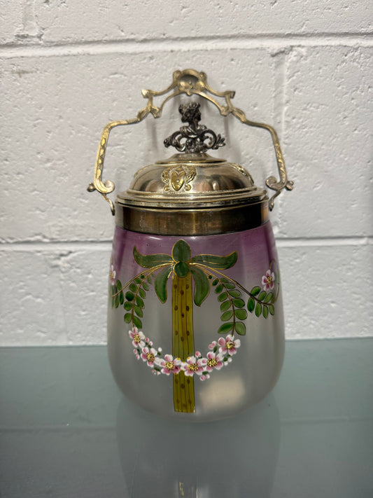 Victorian Glass & Painted Biscuit Barrel