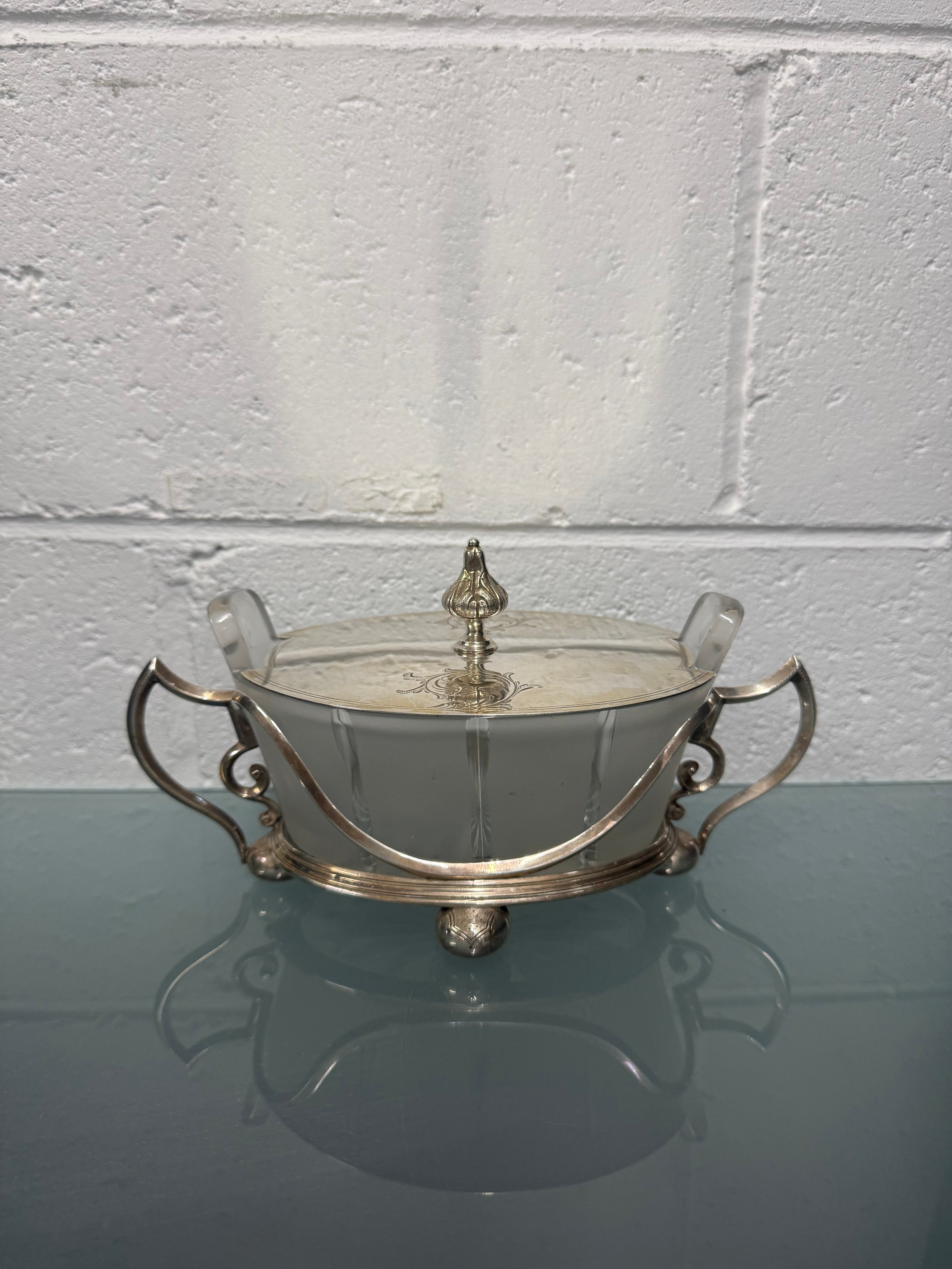 Edwardian Silver Plate & Frosted Glass Dish Designed by Christopher Dresser
