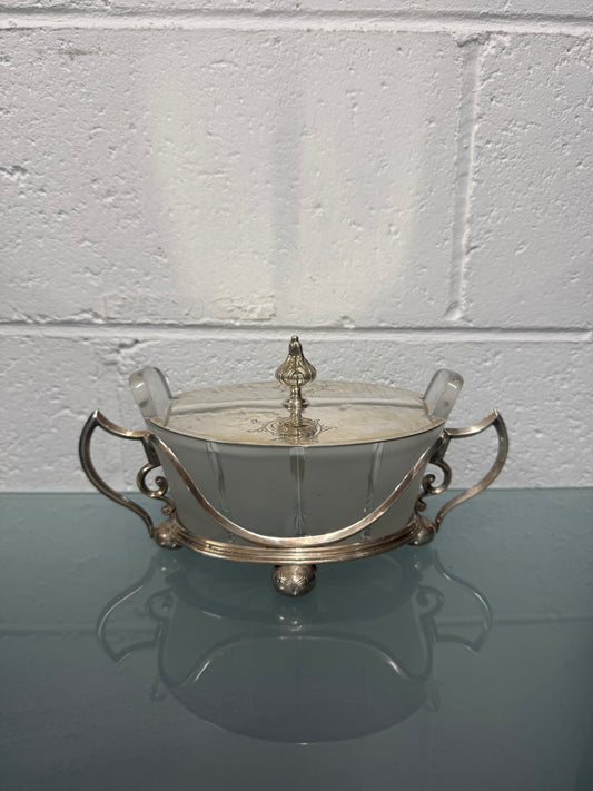 Edwardian Silver Plate & Frosted Glass Dish Designed by Christopher Dresser