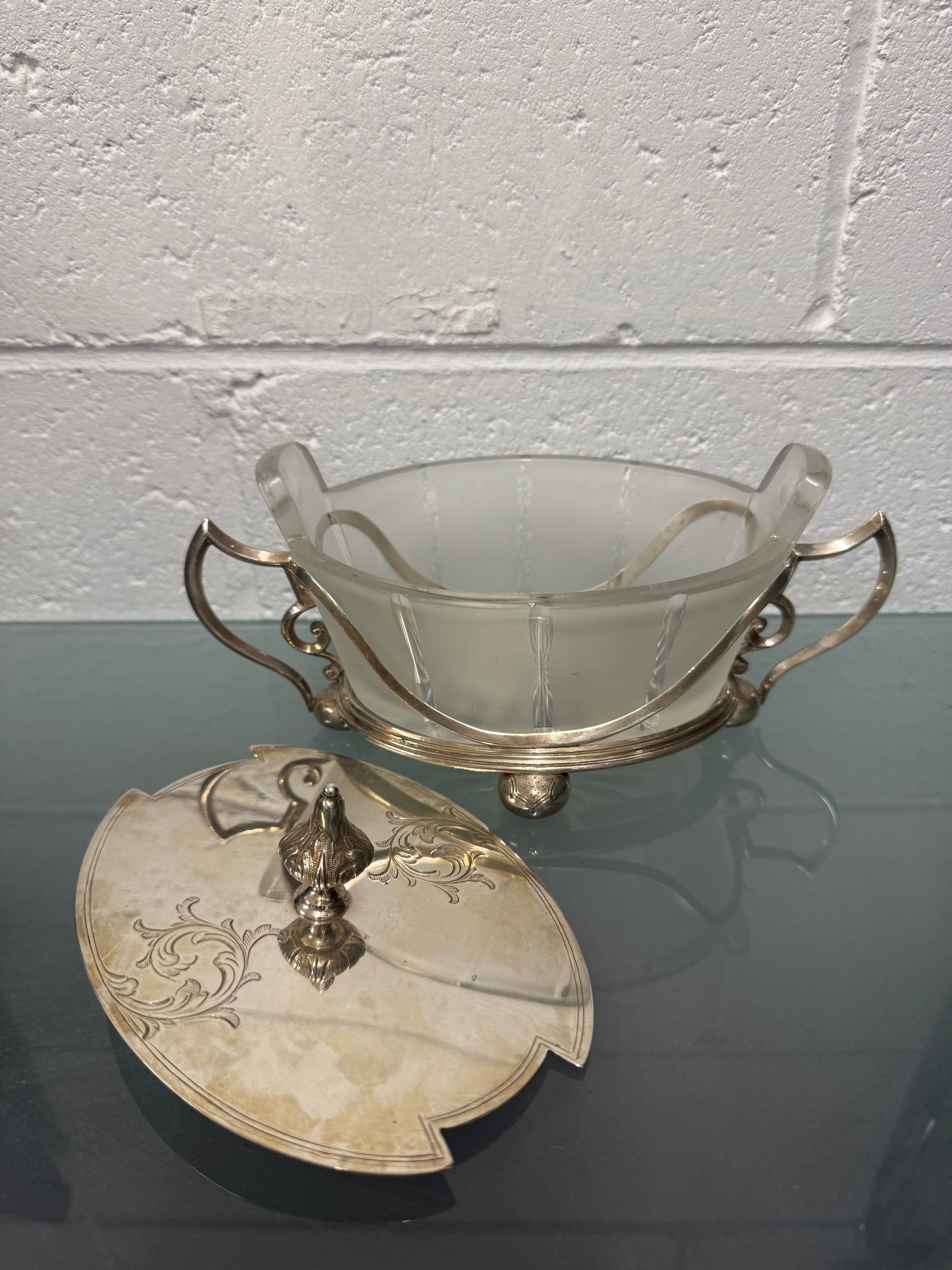Edwardian Silver Plate & Frosted Glass Dish Designed by Christopher Dresser