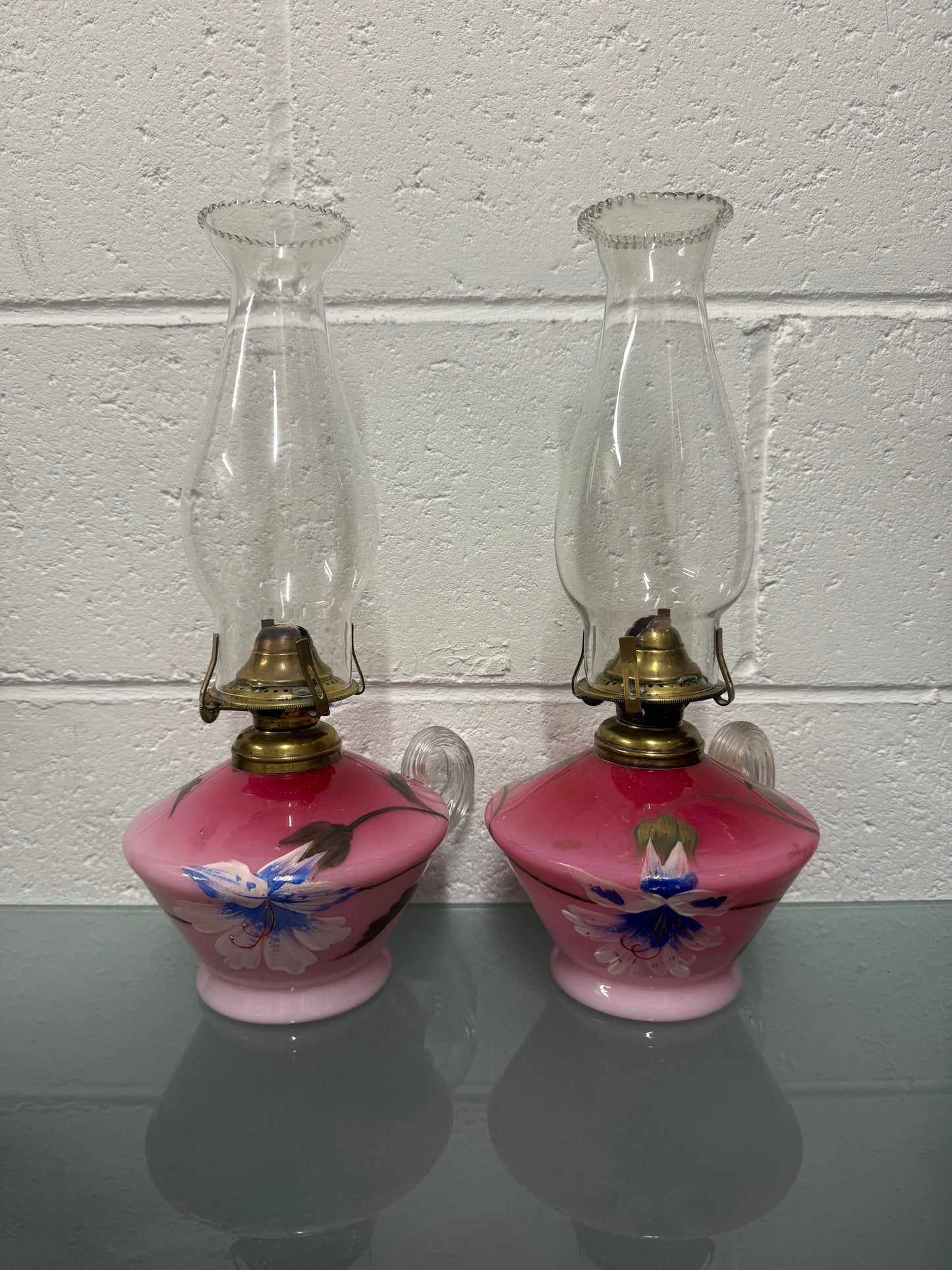 Rare Pair of Satin Ruby Glass Finger Lamps