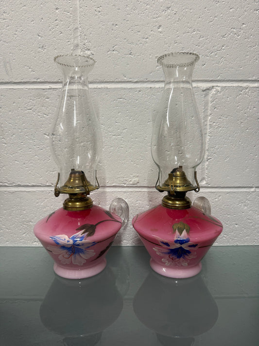 Rare Pair of Satin Ruby Glass Finger Lamps